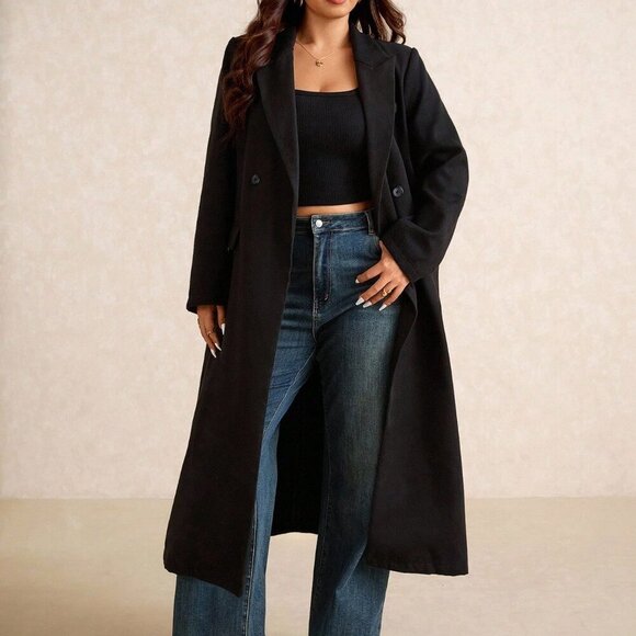 Black Elegant Women's Plus Size Casual Peak Collar Long Cardigan